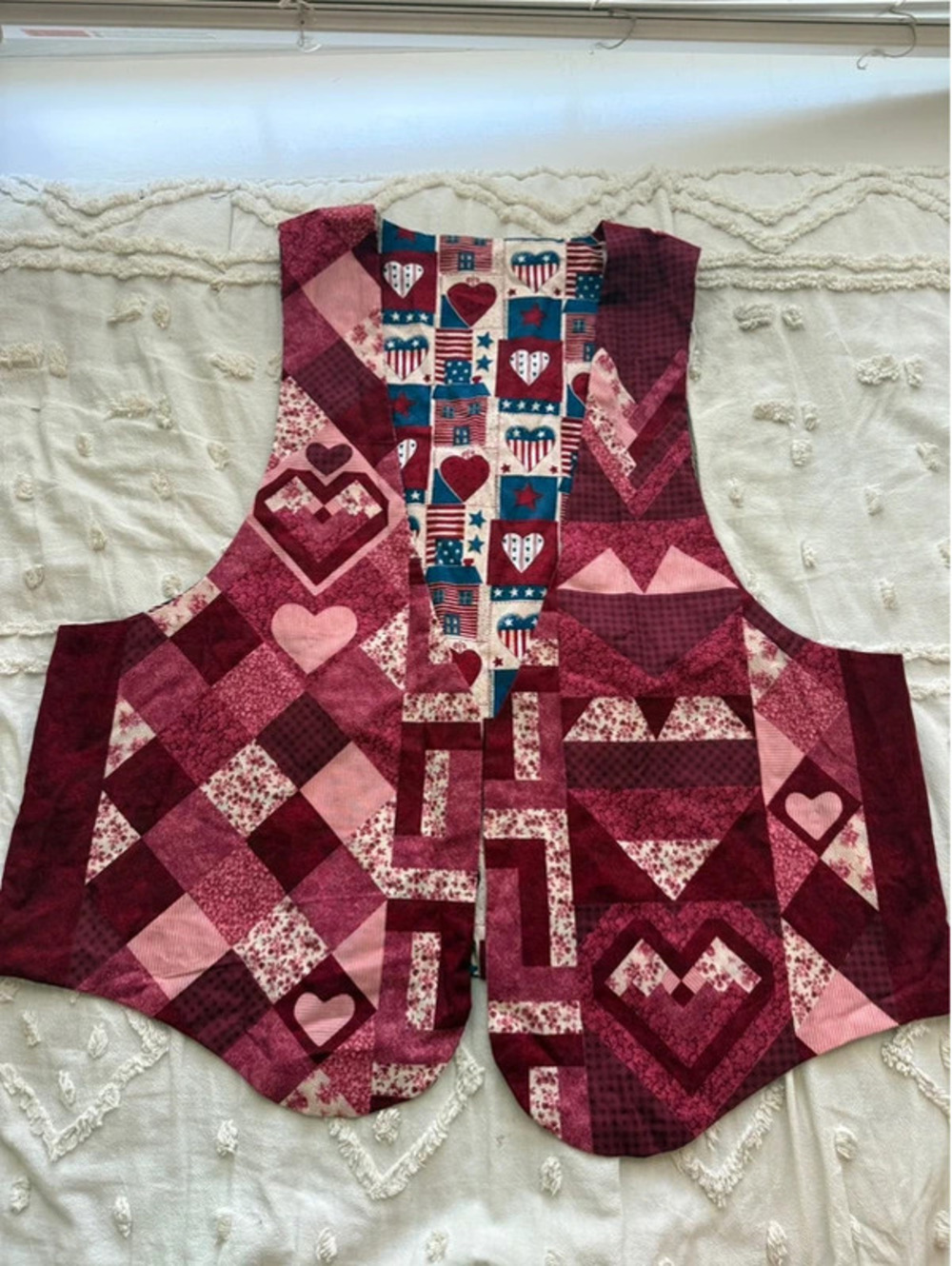 Handmade Reversible Patriotic Patchwork Quilt Vest Red White Blue Hearts